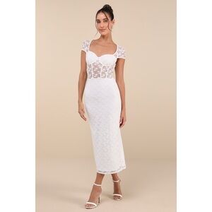 Lulus Flirtatious Presence White Sheer Lace Bustier Midi Dress - Size M